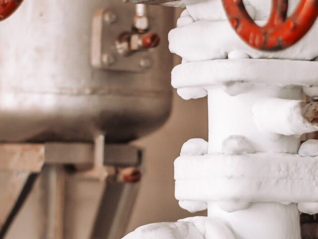 Red valve handle on insulated industrial steam piping